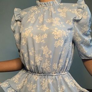 Vintage Blue Short-Sleeved Blouse